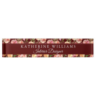 Burgund Rote Flora Elegant Modernes Personalisiert Namensplakette