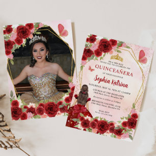 Burgund Rote Flora Prinzessin Quinceañera Foto Einladung