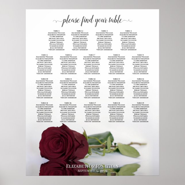 Burgund Rote Rose 19 Tabelle Hochzeitstabelle Poster (Vorne)