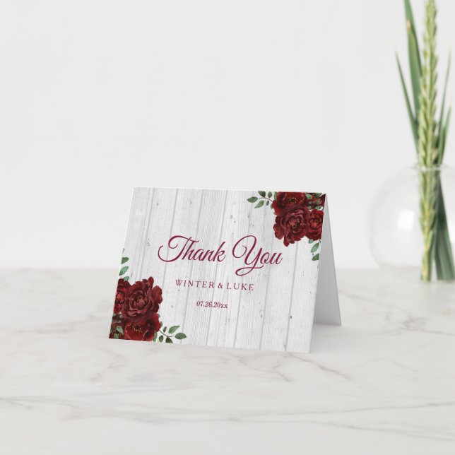 Burgund Rote Rose Rustic Wedding Vielen Dank Dankeskarte (Vorderseite)