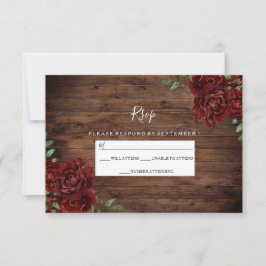 Burgund Rote Rose Rustic Wood Wedding RSVP Karte