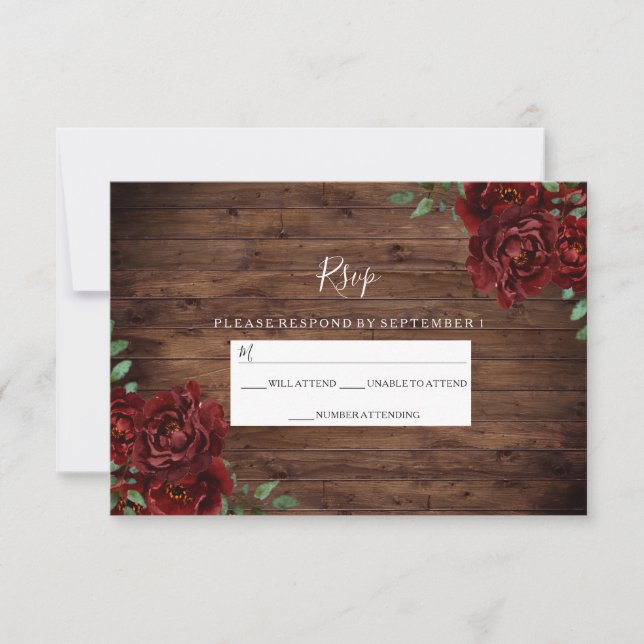 Burgund Rote Rose Rustic Wood Wedding RSVP Karte (Vorderseite)