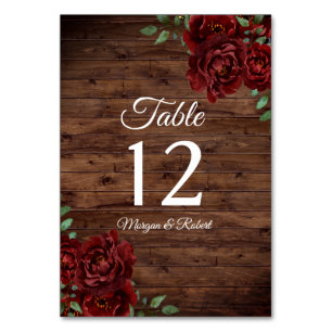 Burgund Rote Rose Rustic Wood Wedding Tischnummer