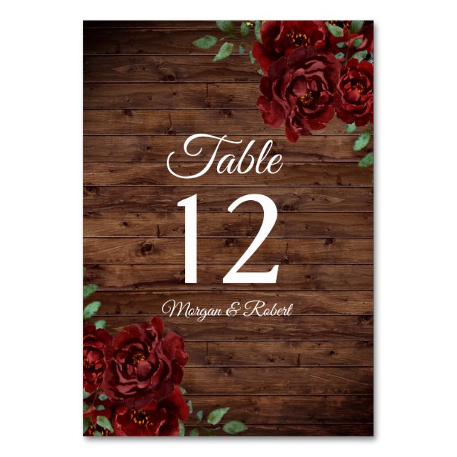 Burgund Rote Rose Rustic Wood Wedding Tischnummer (Vorderseite)