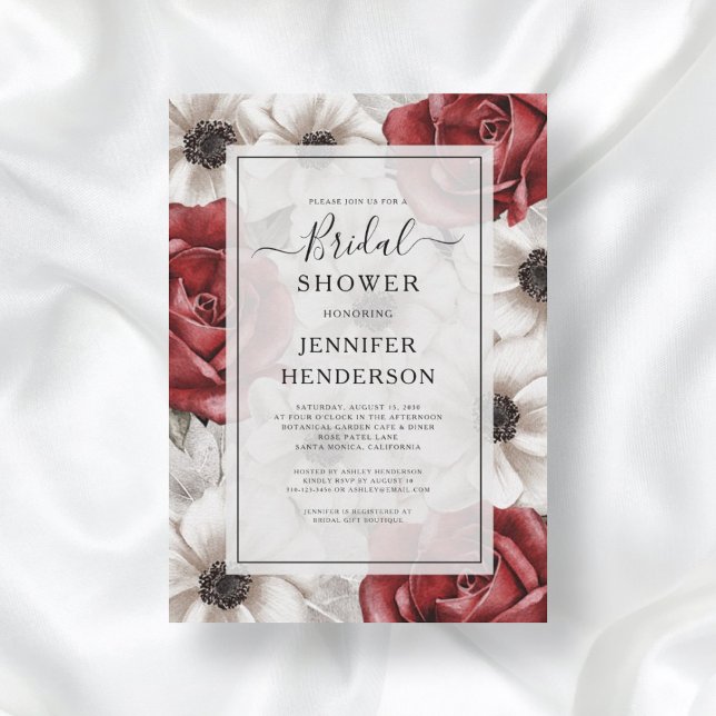 Burgund Rote Rosen Anemone Floral Brautparty Einladung (Front Burgundy Red Roses Anemone Floral Bridal Shower Invitation)