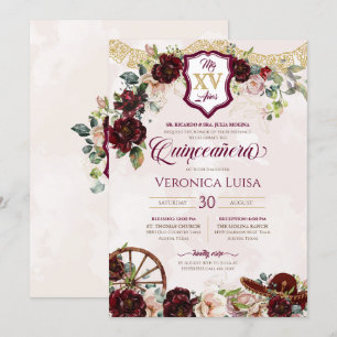 Burgund Rote Rosen Elegante Charro Quinceanera Einladung