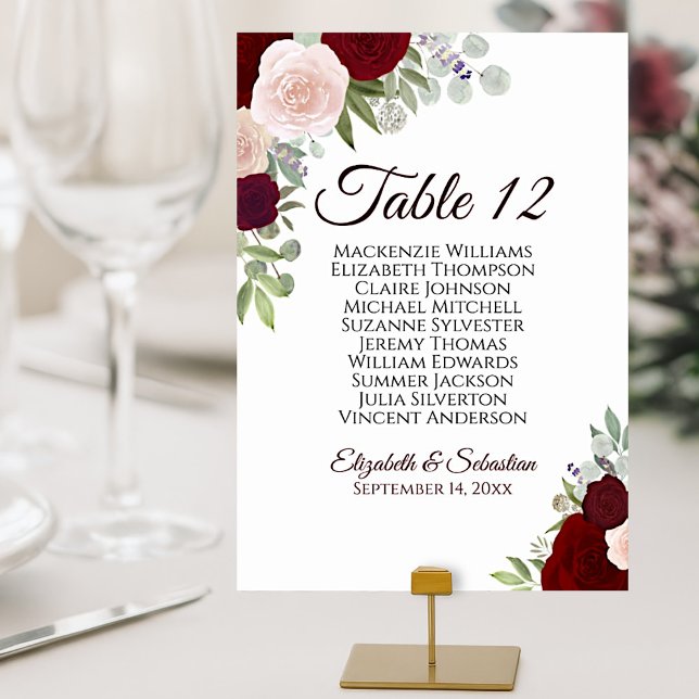 Burgund & Rote Rosen Elegante Hochzeitsstiftung Tischnummer (3.5x5 inch card for table display. For larger cards see seating chart section.)