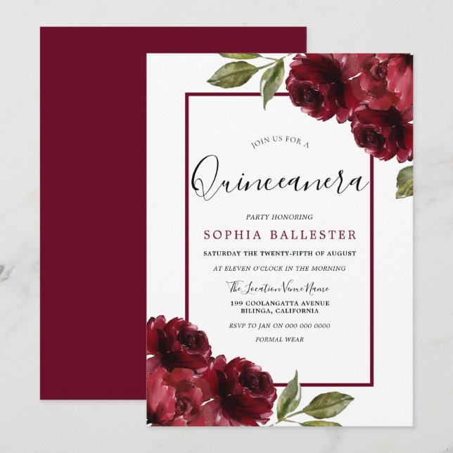 Burgund Rote Rosen Modernes Quinceanera-Party Einladung (Vorne/Hinten)