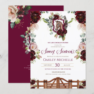 Burgund Rote Rosen Pferd Wappen Süß 16 Geburtstag  Einladung