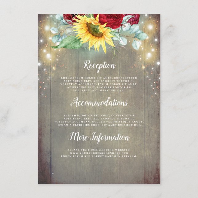 Burgund-Rote Rosen und Sonnenblumenhochzeiten Begleitkarte (Vorderseite)