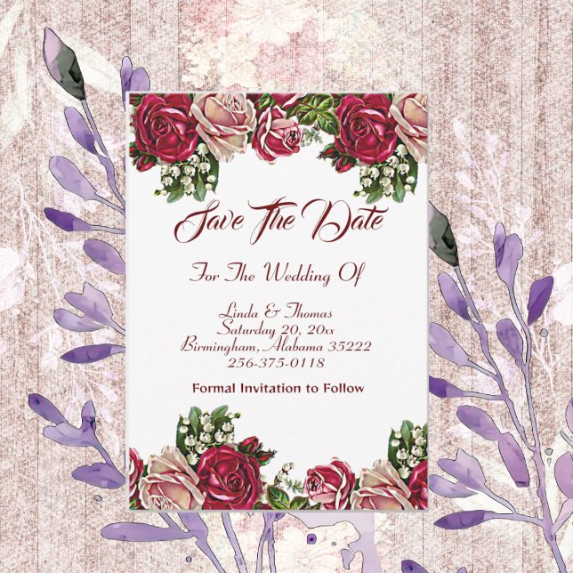 Burgund Rote Rustikale Rose Blumenlandhochzeit Save The Date (Burgundy Red Rustic Roses Floral Country Wedding Save The Date)