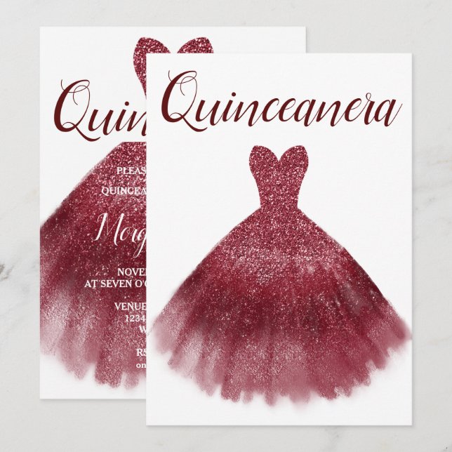 Burgund Roter Glitzer Kleid Quinceanera Party 15. Einladung (Vorne/Hinten)