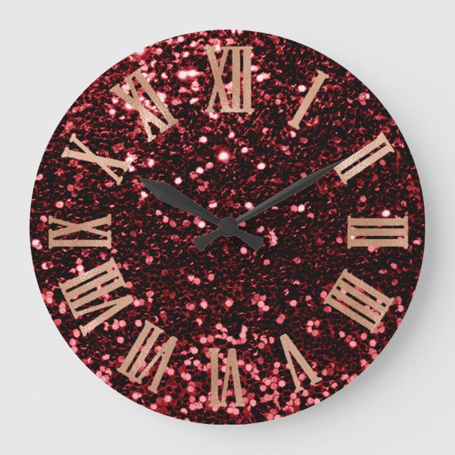 Burgund Roter Glitzer Metal römische Zahl Rosa Ros Große Wanduhr (Vorderseite)