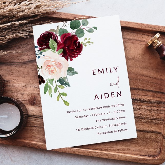 Burgund Roter Wein & Blush Bloral Wedding Einladung (Von Creator hochgeladen)