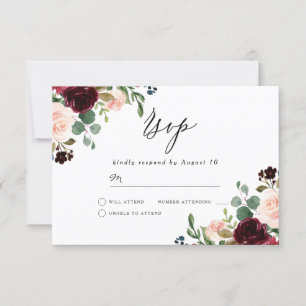 Burgund Roter Wein & Blush Moderne Hochzeit RSVP Karte