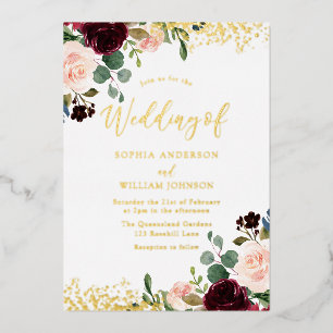 Burgund Roter Wein Hochzeit Golden Sparkle Folieneinladung