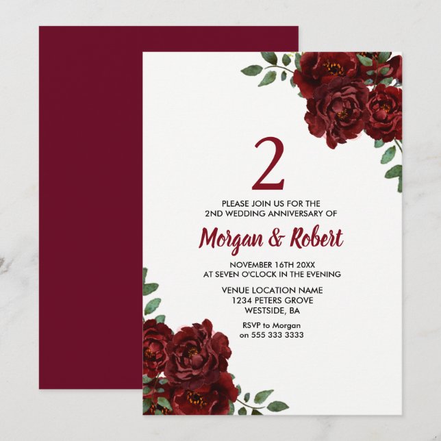 Burgund Ruby Rote Rose 2. Hochzeitstag Einladung (Vorne/Hinten)