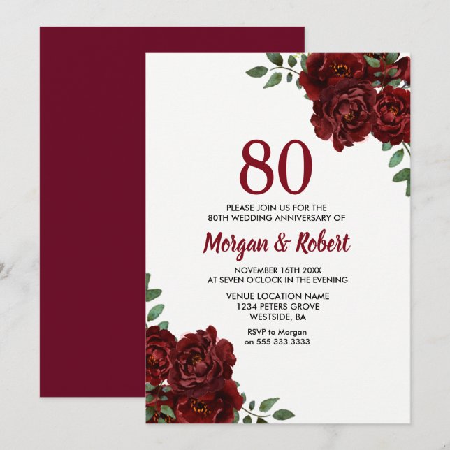 Burgund Ruby Rote Rose 80. Hochzeitstag Einladung (Vorne/Hinten)