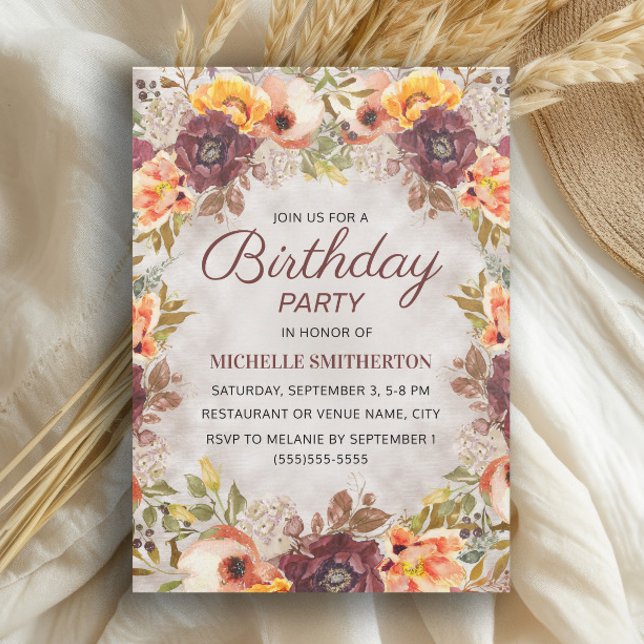 Burgund Rust Orange Bloral Women's Birthday Einladung (Burgundy and burnt orange watercolor floral birthday party invitation)