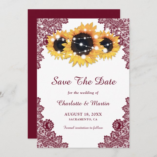 Burgund Rustic Chic Lace Sonnenblume Save the Date (Vorne/Hinten)