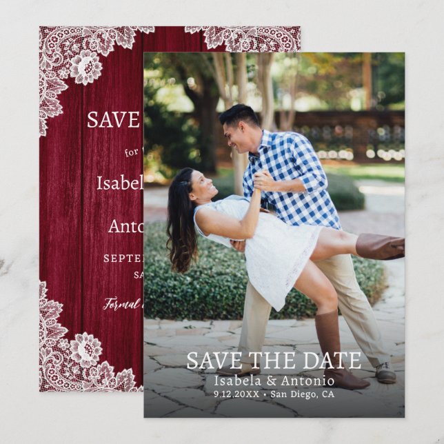 Burgund Rustic Country Wood Lace Wedding Foto Save The Date (Vorne/Hinten)