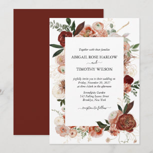 Burgund Rustic Floral Gold Rose Marsala Wedding Einladung