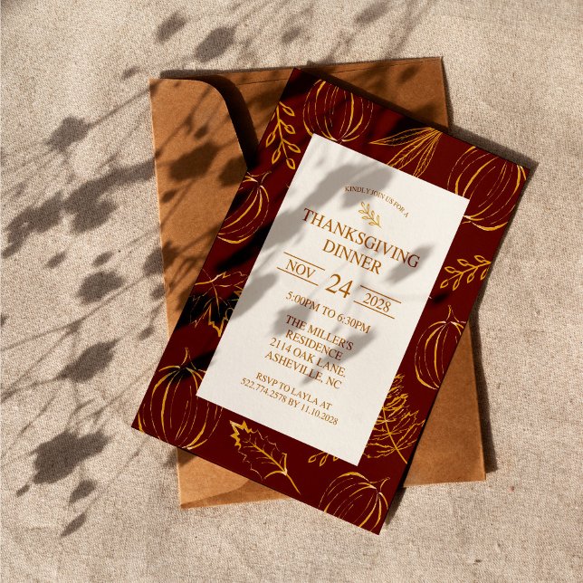 Burgund Rustic Gold Muster Erntedank Dinner Einladung (Von Creator hochgeladen)