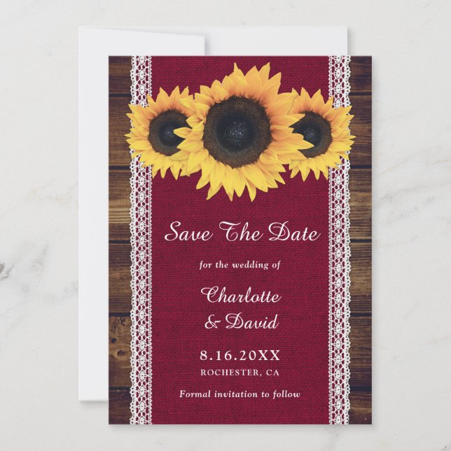 Burgund Rustic Wood Sunflower Wedding Save The Date (Vorderseite)