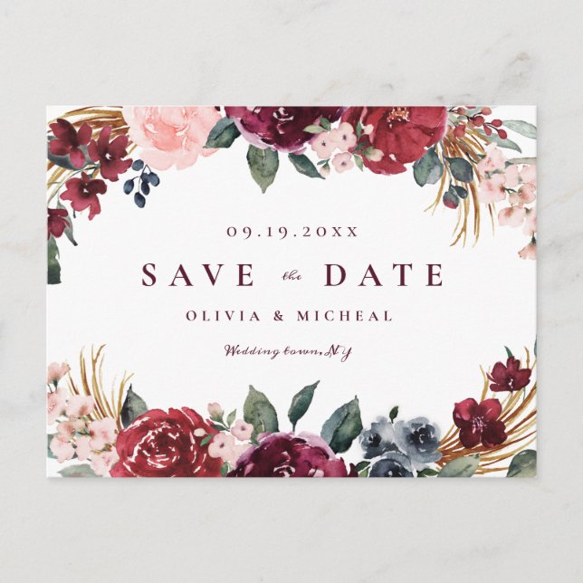 Burgund rustikal boho blühend Save the Date Ankündigungspostkarte (Vorderseite)