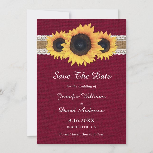 Burgund Rustikale Vintage Sonnenblumenhochzeit Save The Date (Vorderseite)