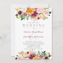 Burgund, Safran, Mauve Watercolor Blooms Wedding Einladung