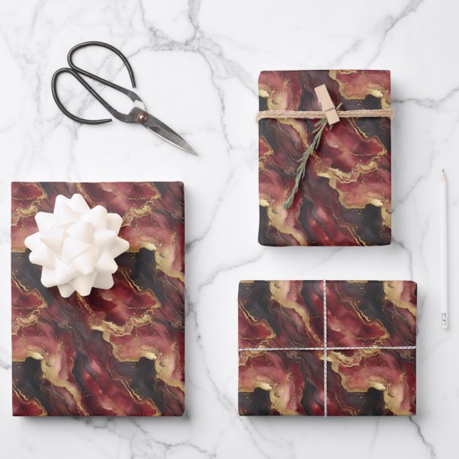 Burgund, Schwarz & Gold-Marmor Geschenkpapier Set (Vorderseite)