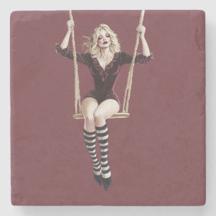 Burgund Schwarz Weiß Zirkus Swing Blond Dame Steinuntersetzer