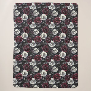 Burgund Schwarz Weiße Blumen Sherpadecke