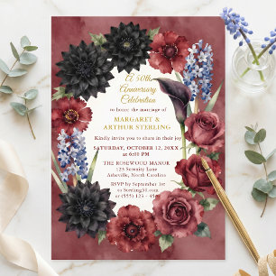 Burgund-schwarze Floral zum 50. Hochzeitstag Einladung