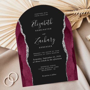 Burgund Silber Achat Dunkle Bogenform Hochzeit Einladung