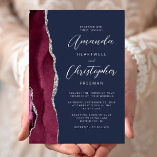 Burgund Silber Achat Schrift Navy Blau Hochzeit Einladung