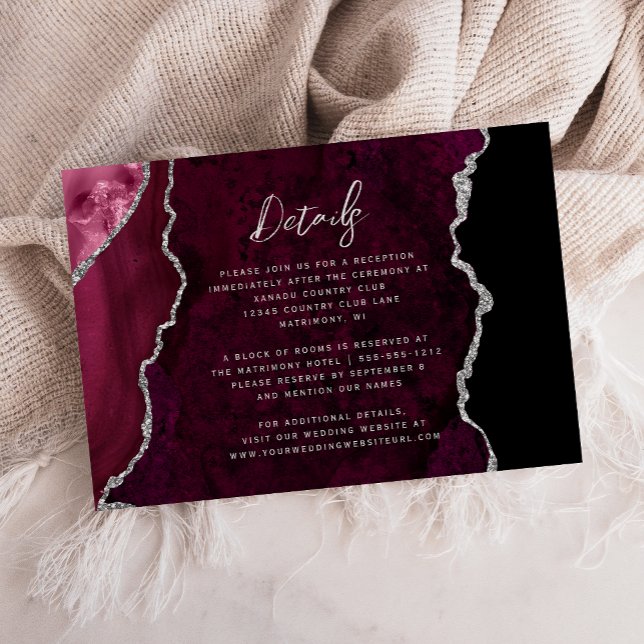 Burgund Silber-Achat-Script Hochzeitsdetails Begleitkarte (Von Creator hochgeladen)