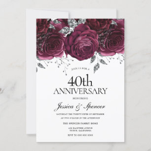 Burgund & Silber Blumen 40. Hochzeitstag Einladung