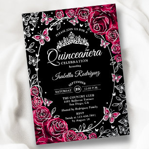 Burgund Silber Schwarze Rosen Quinceanera Folieneinladung