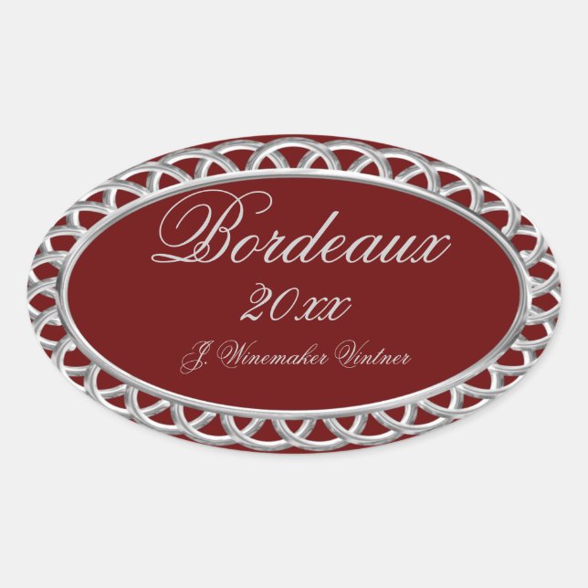 Burgund-Silber-Weinetikett Ovaler Aufkleber (Vorderseite)
