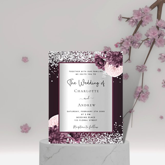 Burgund Silberfloralen Budget Einladung Hochzeit Flyer (Von Creator hochgeladen)