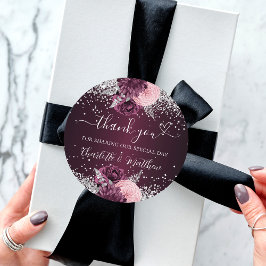 Burgund silberne Blume Herzlichen Dank für Ihre Ho Runder Aufkleber