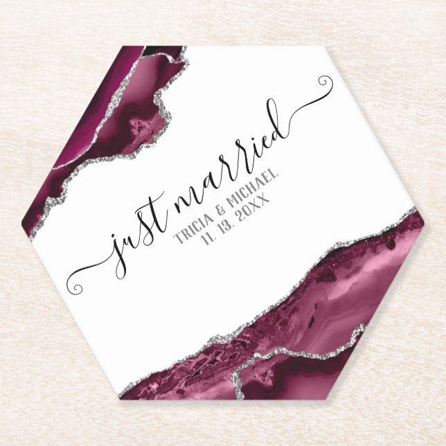 Burgund & Silver Agate Borders Just Married Untersetzer (Vorderseite)