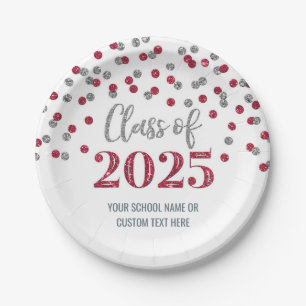 Burgund Silver Confetti Abschluss 2025 Pappteller