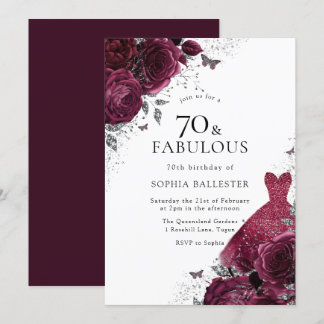 Burgund & Silver Dress Floral Rose 70. Geburtstag Einladung