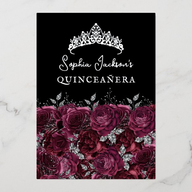 Burgund Silver Floral Rose Quinceanera Folieneinladung (Vorderseite)