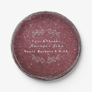 Burgund Silver Floral Wreath Wedding Glitzer Pappteller