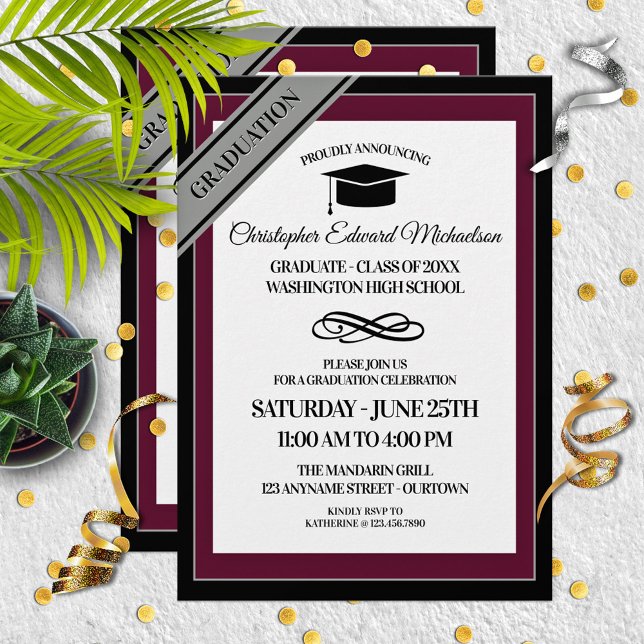 Burgund|Silver Formal Graduation Ankündigungen (Von Creator hochgeladen)