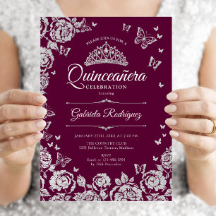 Burgund Silver Rose Schmetterlinge Quinceanera Einladung